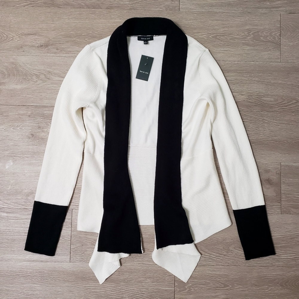 NWT Verve Ami black white waterfall knit cardigan sz Large travel career casual